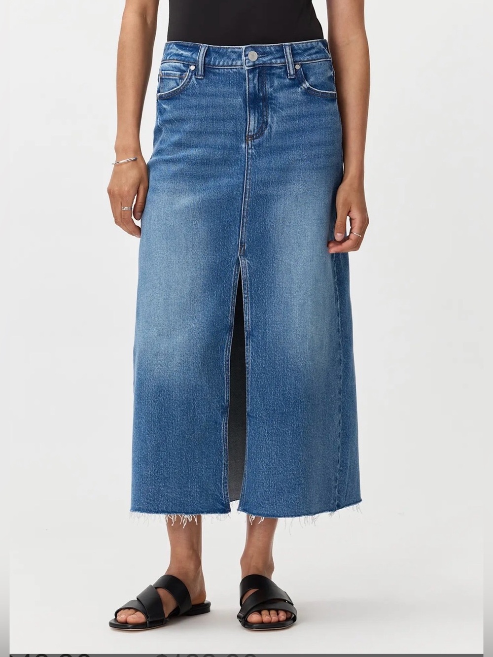 5-Pocket Denim Midi Skirt with Raw Edge Hem